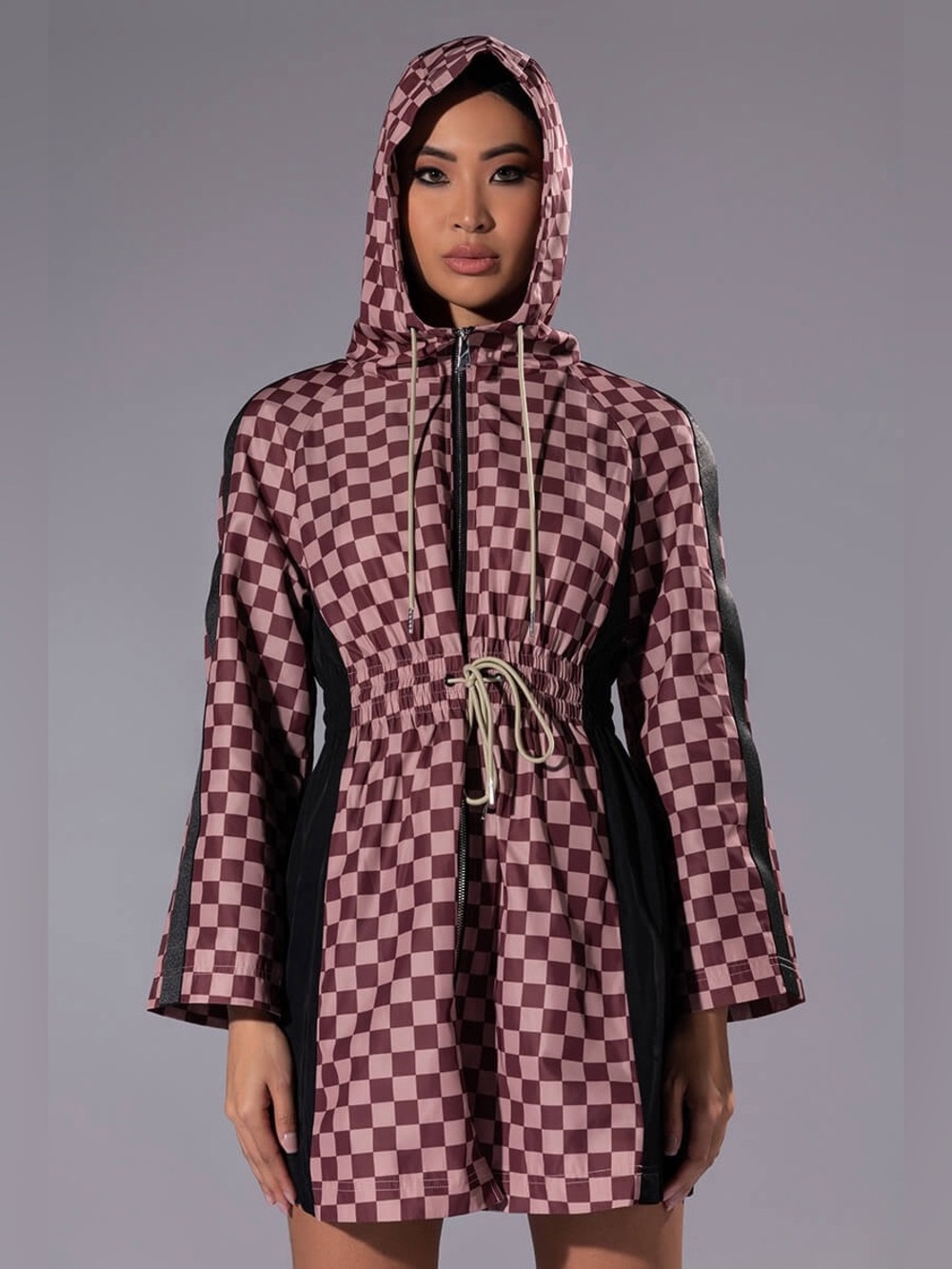 NWOT✨ AZALEA WANG Van Selus Checkered Rain Jacket Pink Maroon Black Small